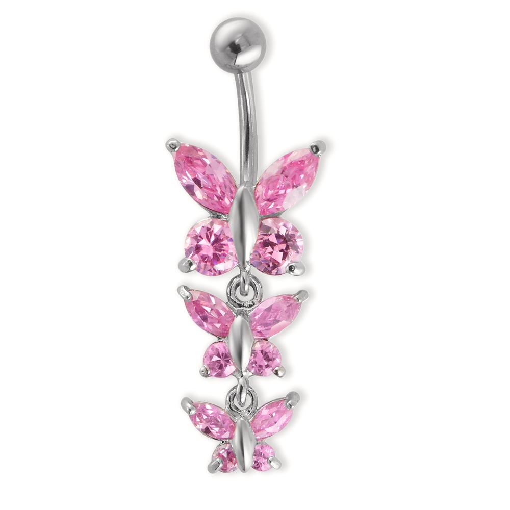 Bauchpiercing Edelstahl Zirkonia rosa, 12 Steine Schmetterling