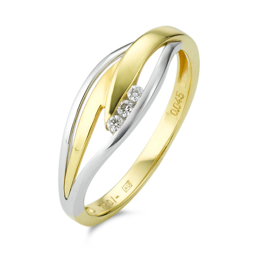 Fingerring 750/18 K Gelbgold, 750/18 K Weissgold Diamant 0.045 ct, 3 Steine, w-si