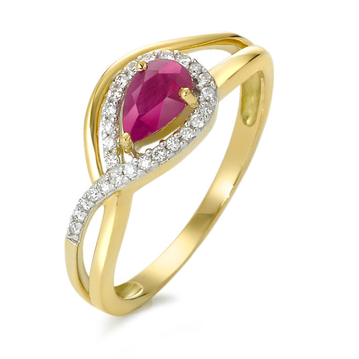 Fingerring 750/18 K Gelbgold Rubin rot, Tropfen, Diamant 0.10 ct, w-si