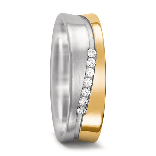 Partnerring 750/18 K Weissgold, 750/18 K Gelbgold Diamant 0.10 ct, 7 Steine, w-si