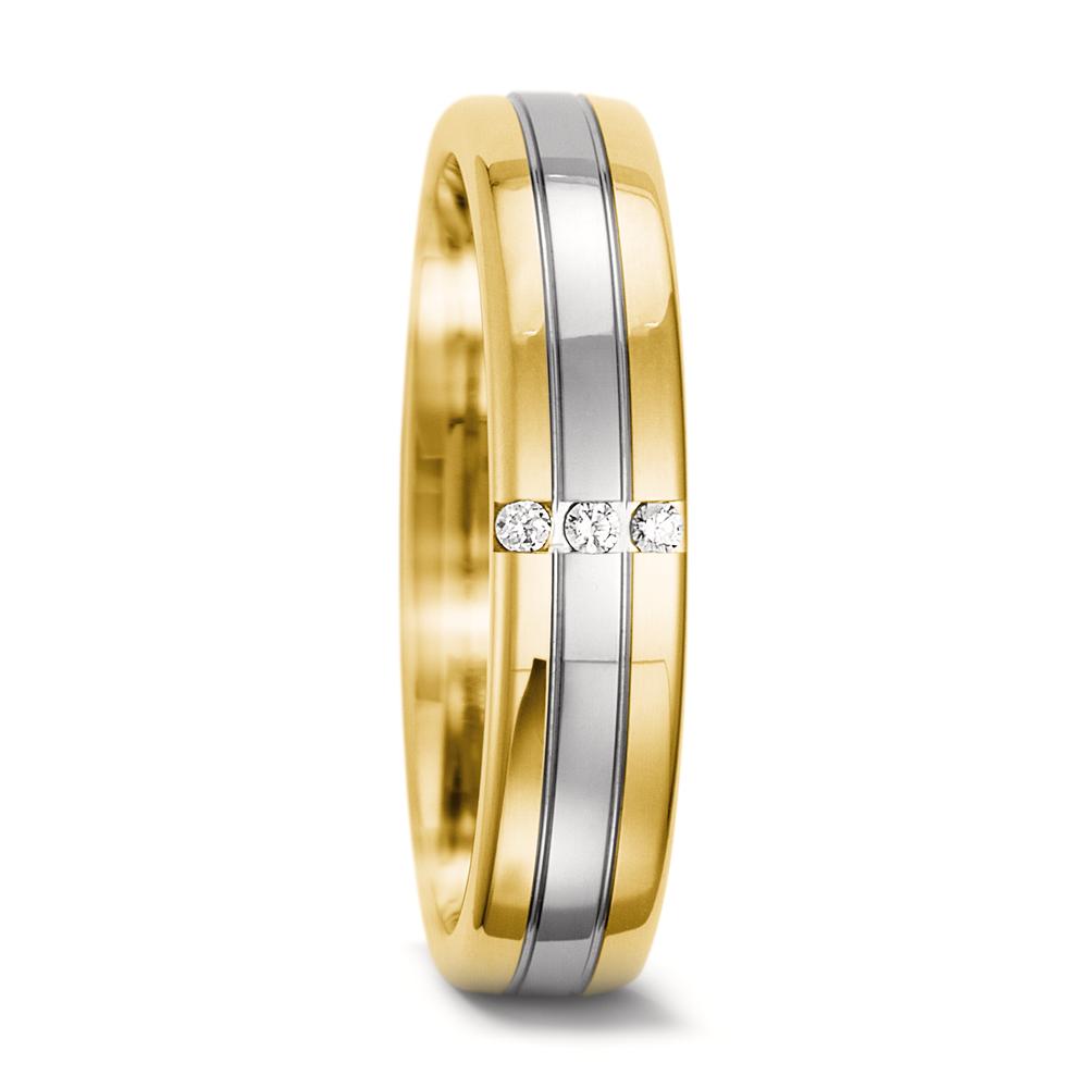 Partnerring 750/18 K Gelbgold, 750/18 K Weissgold Diamant 0.03 ct, 3 Steine, tw-vsi