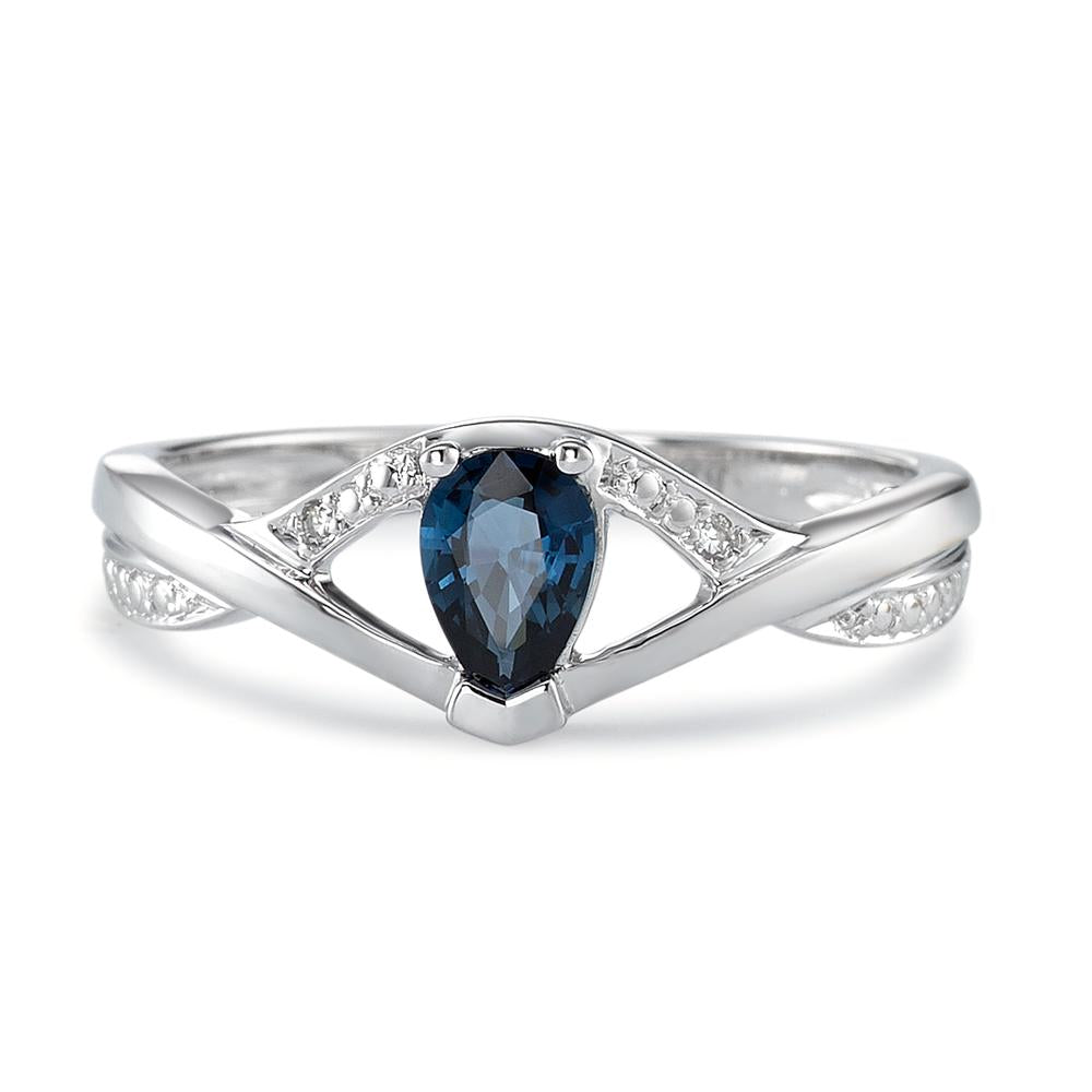 Fingerring 750/18 K Weissgold Saphir blau, Tropfen, Diamant 0.01 ct, 2 Steine