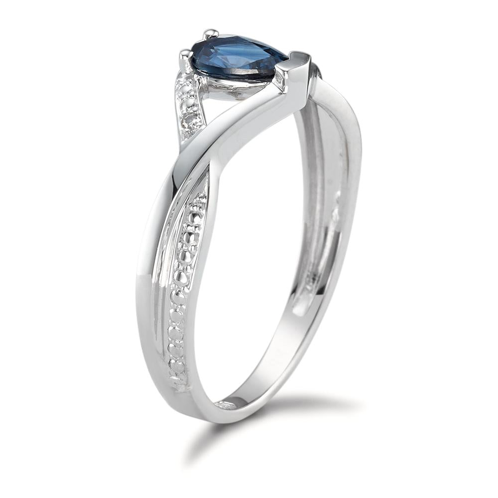 Fingerring 750/18 K Weissgold Saphir blau, Tropfen, Diamant 0.01 ct, 2 Steine