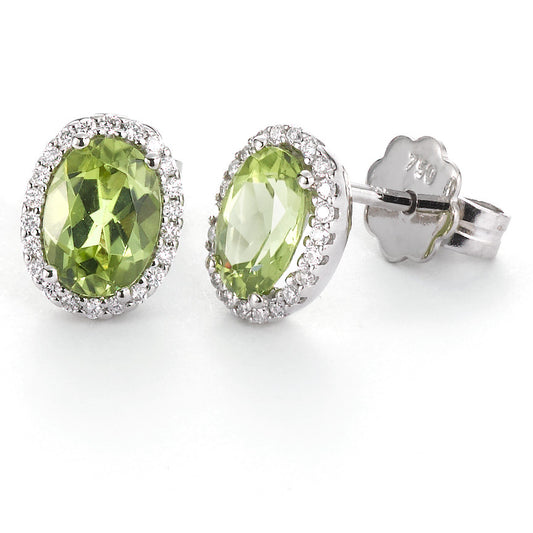 Ohrstecker 750/18 K Weissgold Peridot grün, 2 Steine, oval, Diamant weiss, 0.18 ct, 44 Steine, tw-vsi