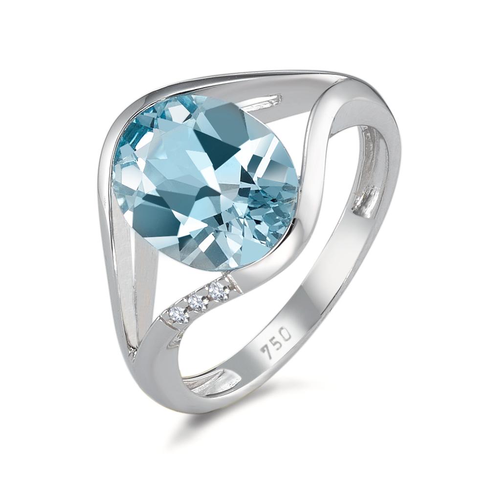 Fingerring 750/18 K Weissgold Topas blau, 2.85 ct, Diamant 0.015 ct, 3 Steine, Brillantschliff, w-si