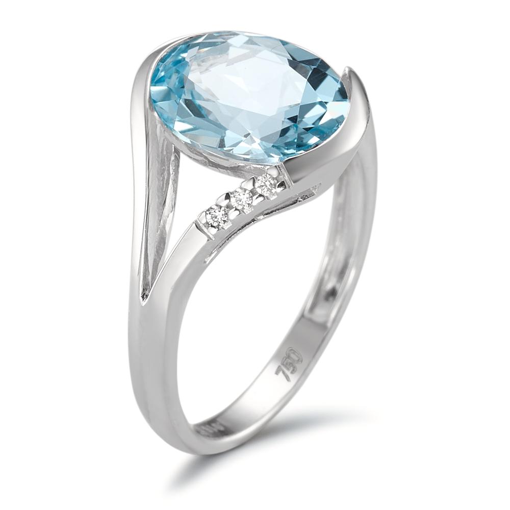 Fingerring 750/18 K Weissgold Topas blau, 2.85 ct, Diamant 0.015 ct, 3 Steine, Brillantschliff, w-si