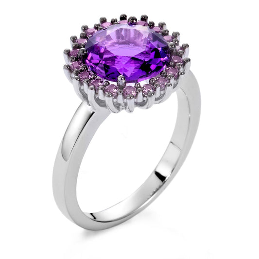 Fingerring 750/18 K Weissgold Amethyst violett, Saphir violett, 18 Steine