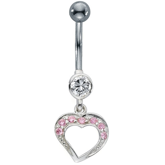 Bauchpiercing Edelstahl, Silber Zirkonia rosa, 8 Steine Herz