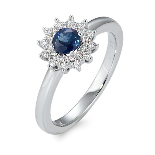 Fingerring 750/18 K Weissgold Saphir blau, Diamant weiss, 0.19 ct, 25 Steine, Brillantschliff, w-si