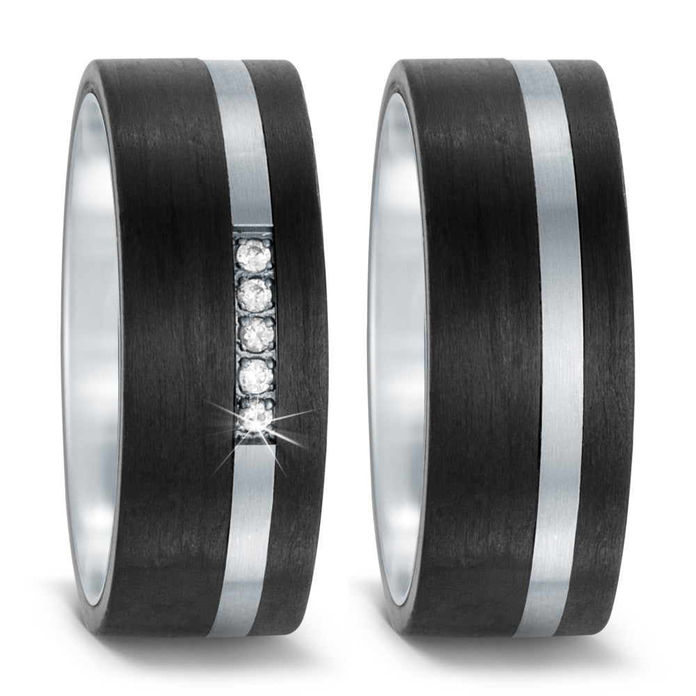 Partnerring Edelstahl, Carbon Zirkonia 5 Steine