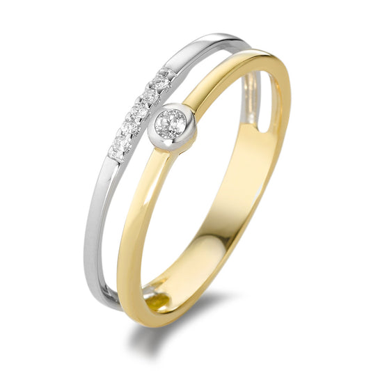 Fingerring 750/18 K Gelbgold, 750/18 K Weissgold Diamant weiss, 0.055 ct, 6 Steine, Brillantschliff, w-si