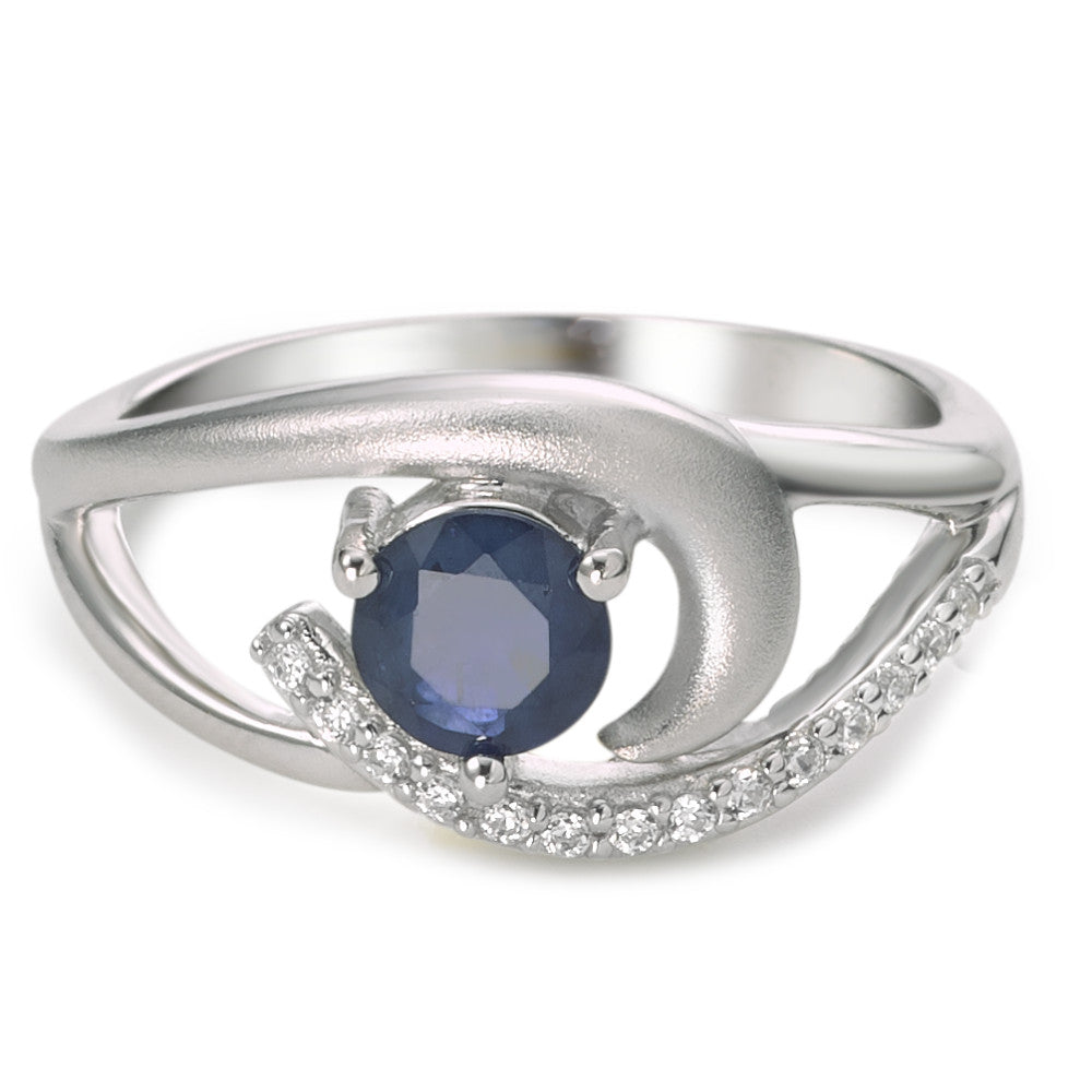 Fingerring Silber Saphir blau, 0.60 ct, Zirkonia weiss rhodiniert