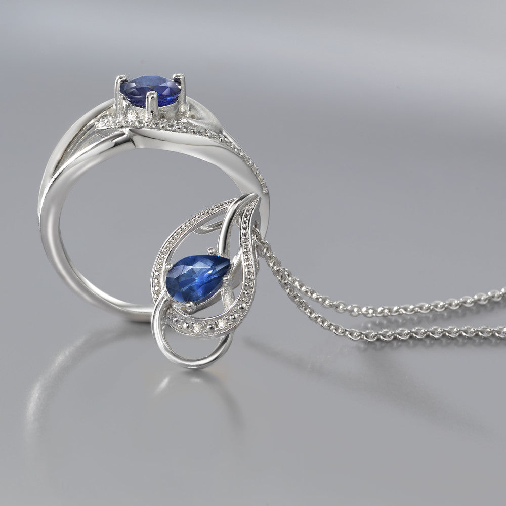 Fingerring Silber Saphir blau, 0.60 ct, Zirkonia weiss rhodiniert