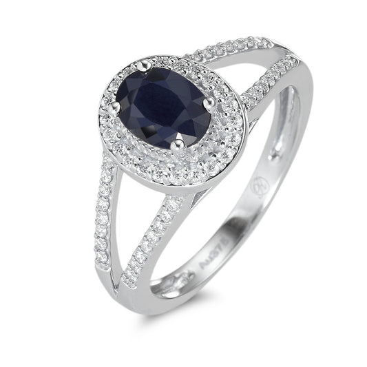 Fingerring 375/9 K Weissgold Saphir blau, 0.95 ct, oval, AAA, Diamant weiss, 0.23 ct, 12 Steine, w-pi1