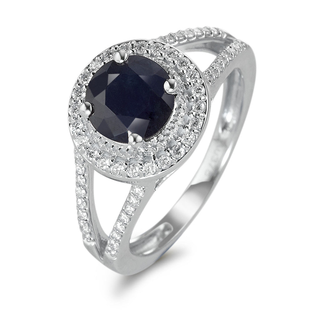 Fingerring 375/9 K Weissgold Saphir blau, 1.76 ct, rund, AAA, Diamant weiss, 0.23 ct, 12 Steine, w-pi3