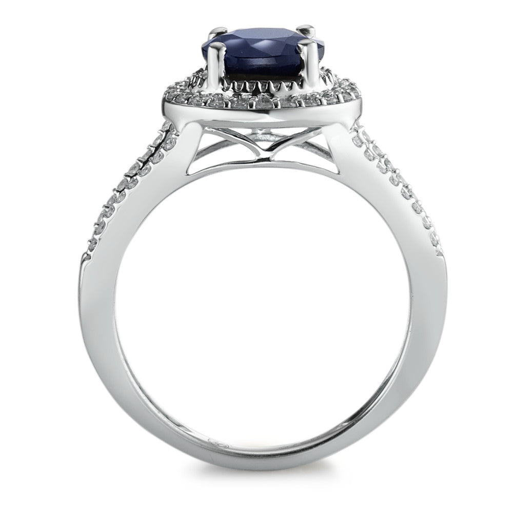 Fingerring 375/9 K Weissgold Saphir blau, 1.76 ct, rund, AAA, Diamant weiss, 0.23 ct, 12 Steine, w-pi3