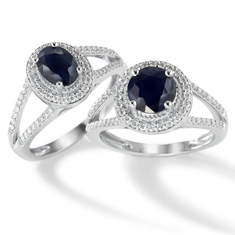 Fingerring 375/9 K Weissgold Saphir blau, 1.76 ct, rund, AAA, Diamant weiss, 0.23 ct, 12 Steine, w-pi3