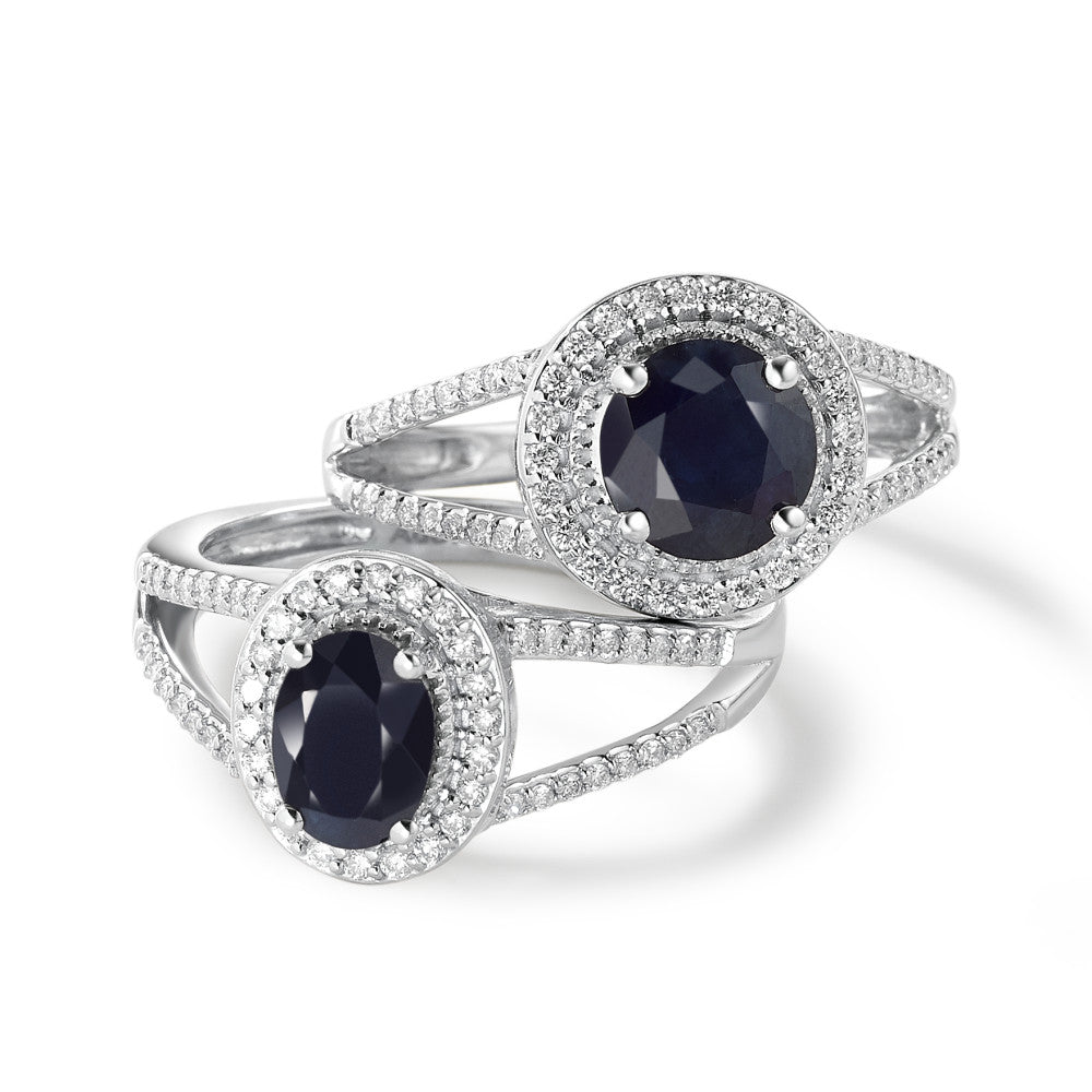 Fingerring 375/9 K Weissgold Saphir blau, 1.76 ct, rund, AAA, Diamant weiss, 0.23 ct, 12 Steine, w-pi3