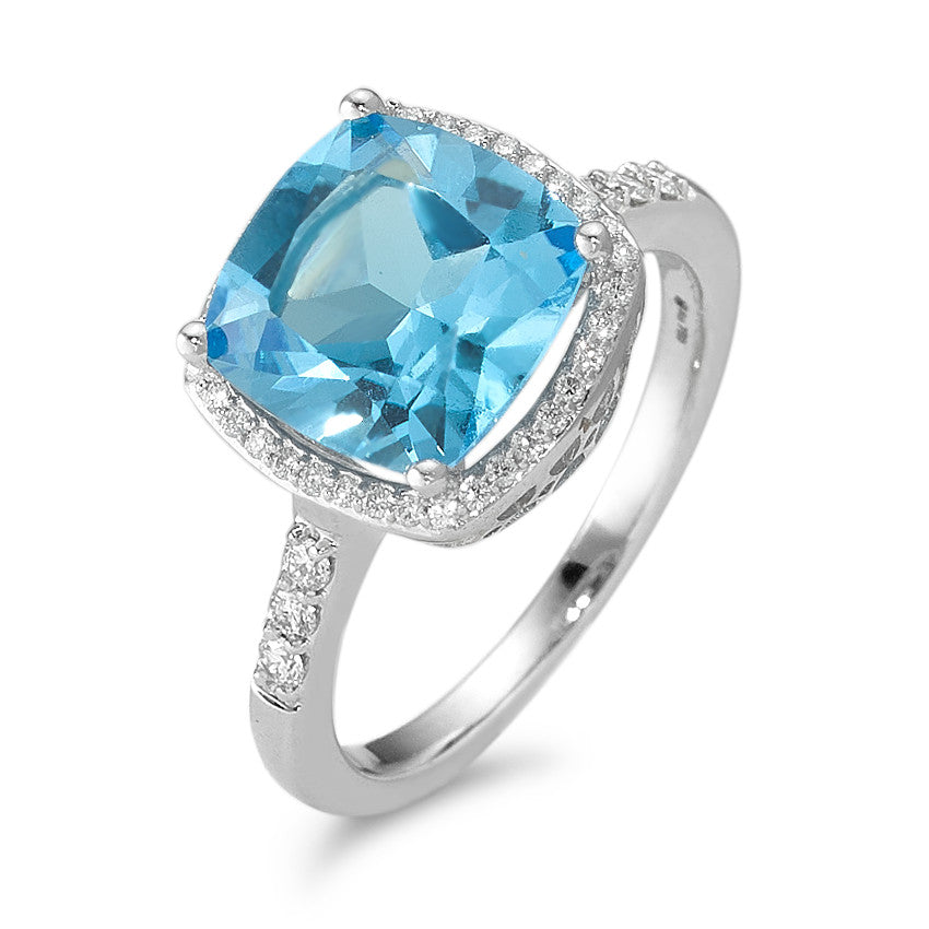 Fingerring 750/18 K Weissgold Topas hellblau, Diamant weiss, 0.20 ct, 42 Steine, w-pi3 Ø11 mm