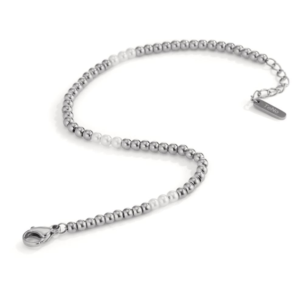 Kugelarmband Miyako aus Edelstahl mit weissen Muschelperlen, 17,5- 19,5cm verstellbar