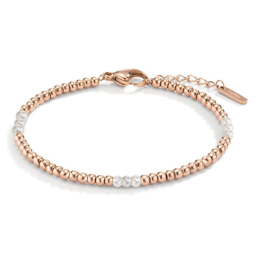 Kugelarmband Miyako Rosé aus Edelstahl mit weissen Muschelperlen, von 17,5 bis 19,5cm verstellbar.