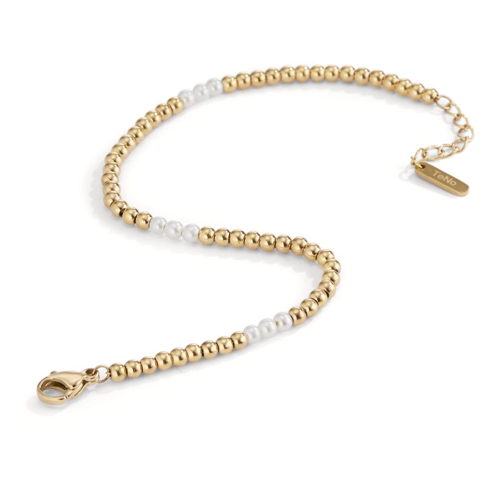 Kugelarmband Miyako Gold aus Edelstahl mit weissen Muschelperlen, 17,5- 19,5cm verstellbar