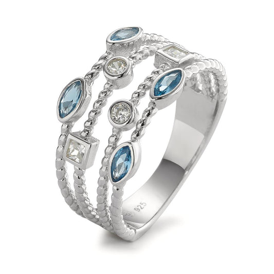 Fingerring Silber Zirkonia blau, 8 Steine rhodiniert