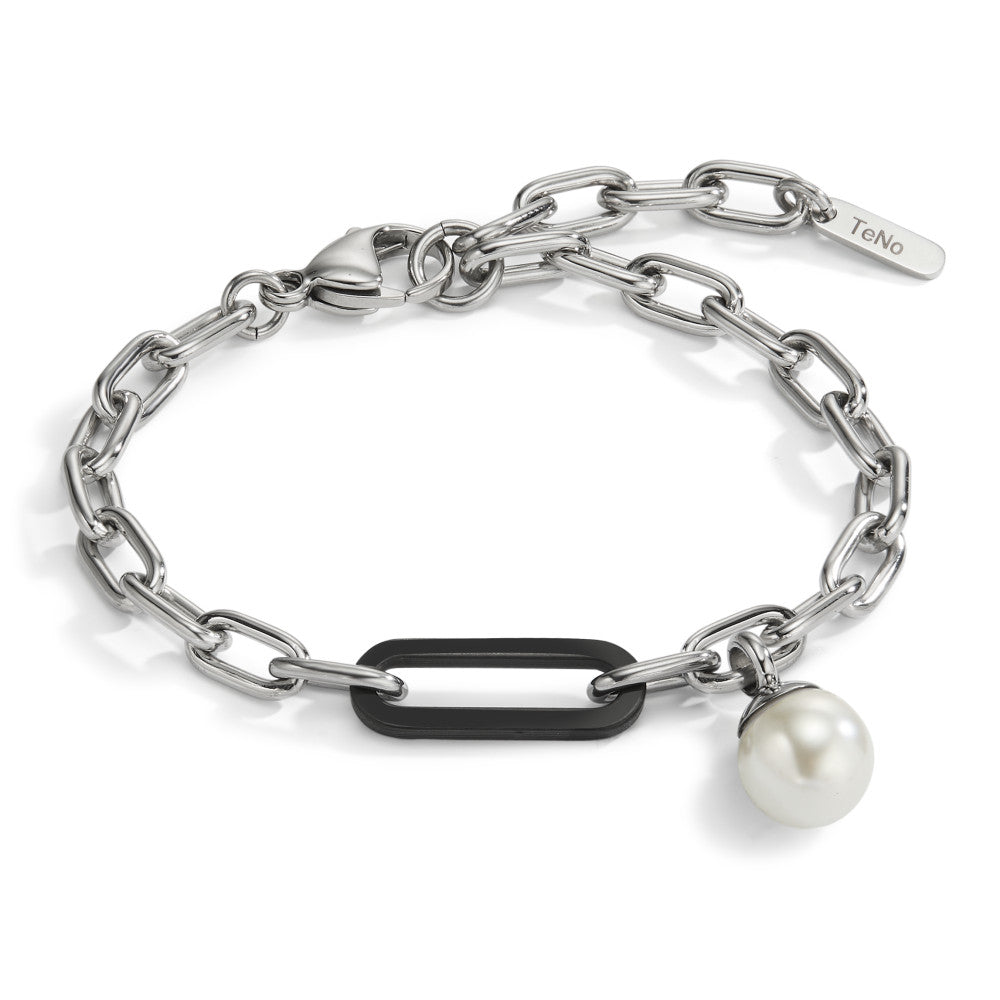 Armband Soho Pearl Drop Silver aus Edelstahl mit Carbon und Muschelperle, bis verstellbar