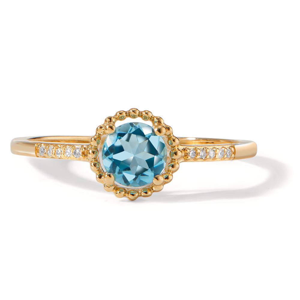 Fingerring 585/14 K Gelbgold Topas blau, Diamant 0.03 ct, 10 Steine, w-si