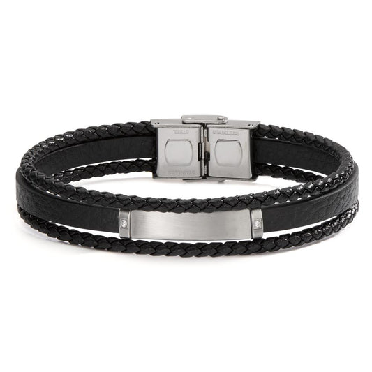 Armband Edelstahl, Leder Zirkonia 2 Steine