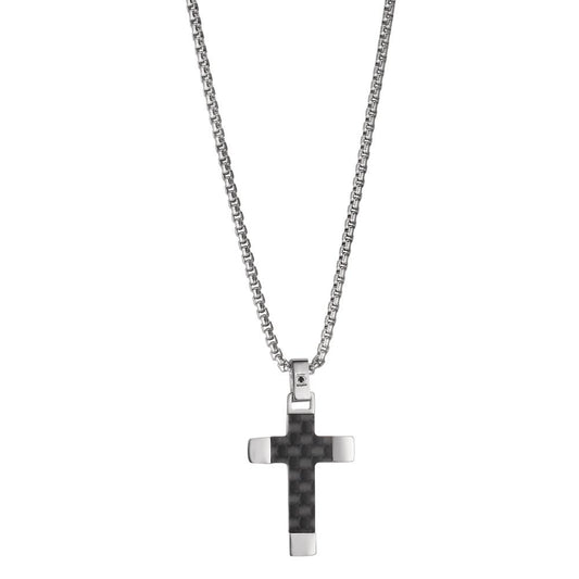 Collier Edelstahl, Carbon Zirkonia schwarz Kreuz verstellbar